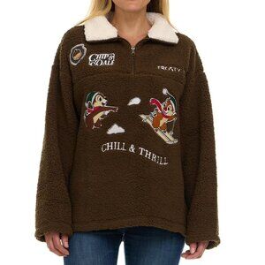 Chip And Dale Disney Pullover Sherpa Quarter Zip Sweater Brown Small